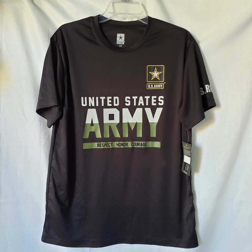 US Army Shirt Mens Size L Black Green Spell Out Short Sleeve Poly Nwt